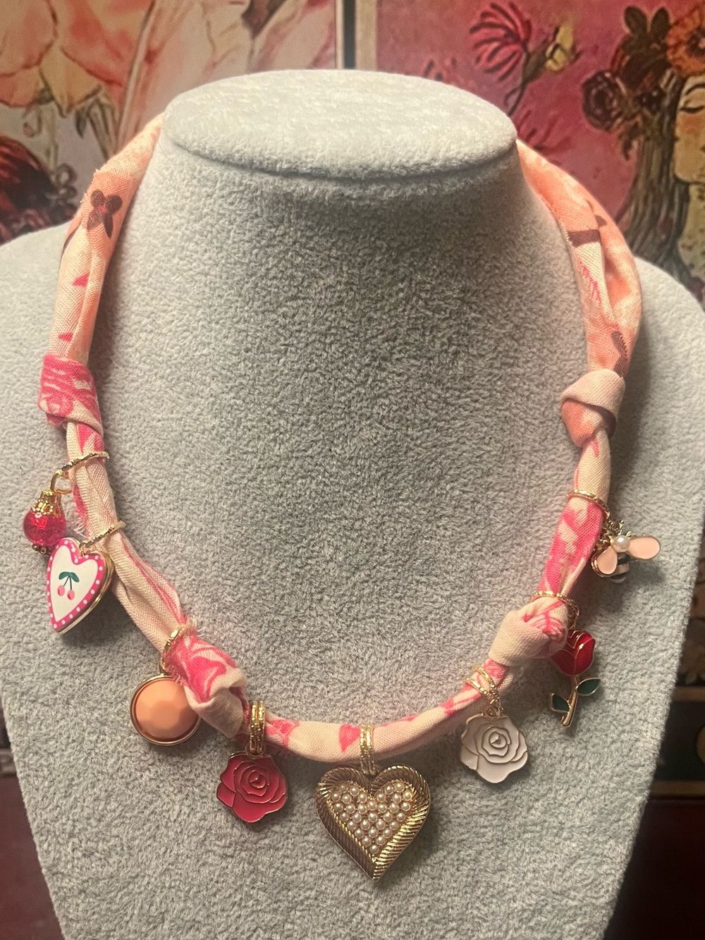 Bohemian Bandana Scarf Necklace, Feminine Floral, Pink, Coral, Hearts & Roses